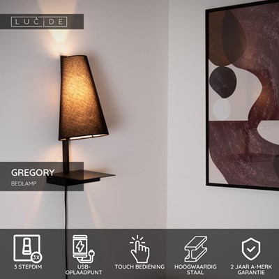 Lucide GREGORY - Bedlamp / Wandlamp - 1xE27 - Met USB oplaadpunt - Zwart